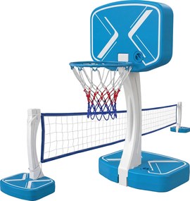 Conjunto de Basquetebol e Voleibol para Piscina, 60 x 46 x 131,5 cm, Base Enchível, Azul+Branco