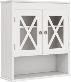 Armário de parede de casa de banho 54 × 20 × 60 cm com prateleira ajustável Prateleira aberta com 2 portas transparentes Branco