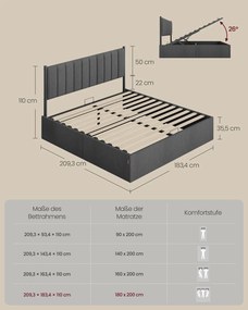 Estrutura de cama 180 x 200 cm com estrado (COLCHÃO NÃO INCLUIDO) com espaço de arrumação sob a cama e cabeceira em cinza ardósia