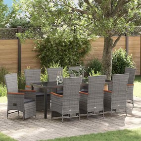 vidaXL Conjunto de Jantar de Jardim de 9 Peças com Almofadas Cinzento Poliratan