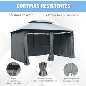Pérgola de Jardim com Estrutura de Aço Teto Duplo 6 Cortinas Laterais 8 Orifícios de Drenagem 300x400x280 cm Cinza