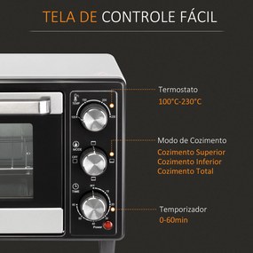 Mini Forno 16L com 3 Modos de Aquecimento Temperatura até 230°C Tempor