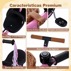 Triciclo Infantil Evolutivo 2 em 1, 94 x 43 x 90-96,5 cm, Pega de Empurrar Ajustável, Cor-de-rosa