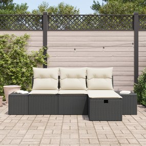 Conjunto de Sofá de Jardim de 4 peças com Almofadas Preto Rattan Plást