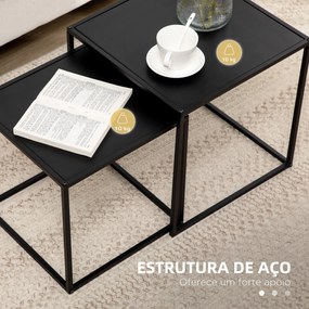 Conjunto de 2 Mesas Mesas de Centro Quadradas para Sala de Estar Estrutura de Aço Grande 40 cm Pequena 35 cm Preto