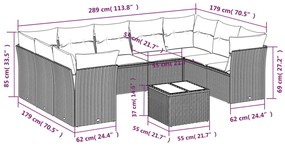 10 pcs conj. sofás jardim com almofadões vime PE cinzento-claro