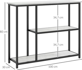 Mesa consola de 100 cm, com 3 níveis, tampos com efeito de mármore, estrutura em aço, branco