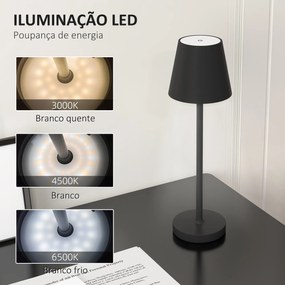 Candeeiro de Mesa com Luzes LED Candeeiro de Mesa Sem Fios Recarregável por USB-C 3 Cores Ø11,2x36,5 cm Preto
