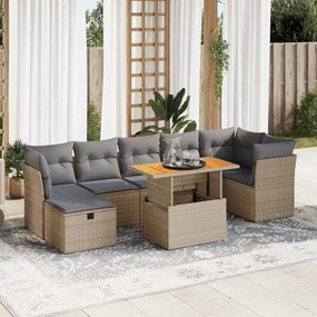 8 pcs conjunto sofás jardim com almofadões vime PE/acácia bege