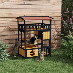 Casa para Gatos de Madeira 84x60x116 cm Abrigo para Gatos de 4 Níveis para Exterior com Ponte Suspensa Varanda Natural