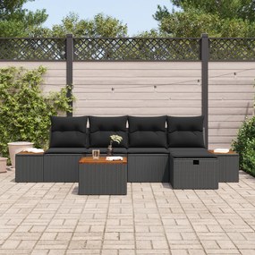 Conjunto de Sofá de Jardim de 6 Peças com Almofadas em Poliratan Preto