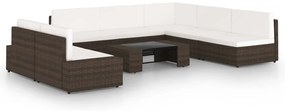 8 pcs conjunto lounge p/ jardim c/ almofadões vime PE castanho
