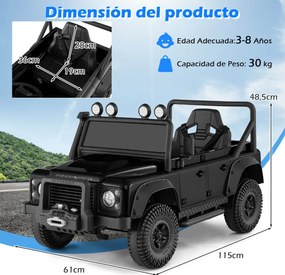 Jipe Land Rover Defender elétrico infantil 12V com comando à distância, suspensão completa, faróis e música para idades entre 3 e 8 anos, Preto