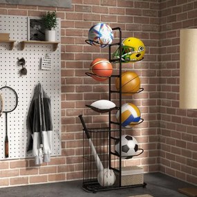 Estante de armazenamento de bolas de 7 níveis Estante de basquetebol com 7 barras de suspensão amovíveis e cesto lateral para bolas
