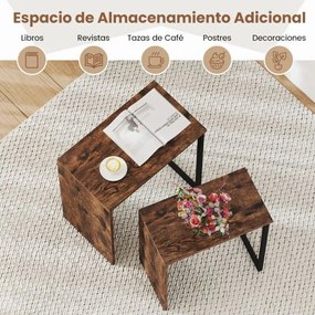 Conjunto de 2 Mesas de centro 2 em 1 com Tampa em Imitação de Madeira e Estrutura Metálica Castanho