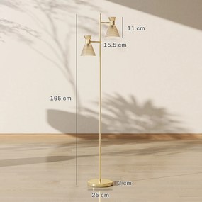 Candeeiro de pé para sala de estar com duas luzes ajustáveis 42 x 25 x 165 cm, candeeiro de pé, abajur de vidro com motivos florais, dourado