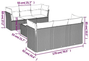 7 pcs conjunto sofás p/ jardim c/ almofadões vime PE cinzento