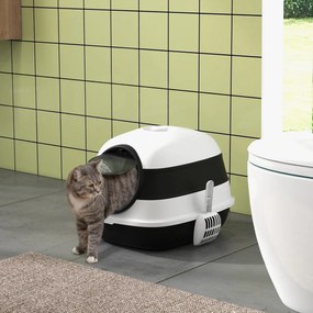 Caixa de areia para gatos dobrável com porta de batente e claraboia + pá incluída, preto e branco