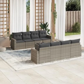 9 pcs conjunto sofás p/ jardim com almofadões vime PE cinzento