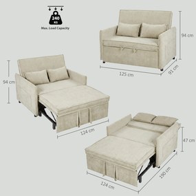 Sofá-cama de 2 lugares pequeno 125 (L) x 91 (P) x 94 (A) cm, sofá-cama 3 em 1 em chenille com encosto ajustável, assento largo, 2 almofadas, creme