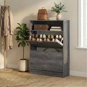 Sapateira com 2 portas e compartimento aberto 24 x 80 x 102 cm, cinzenta