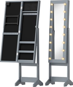 HOMCOM Espelho Joalheiro com Luzes LED Armário para Joias com Ângulo Ajustável Prateleiras Ranuras para Anéis 36x30x136 cm Cinzento | Aosom Portugal