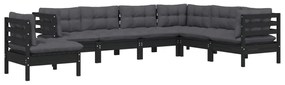 7 pcs conjunto lounge jardim c/ almofadões pinho maciço preto