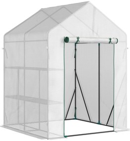 Outsunny Estufa de Jardim 143x143x195 cm Estufa de Aço com 2 Prateleiras e Porta Enrolável para Cultivos de Plantas Vasos de Flores Pátio Exterior Branco