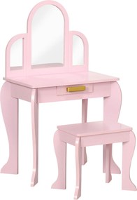 HOMCOM Toucador Infantil Rosa com Espelho Banco e Organizador Maquilhagem Crianças 3-6 Anos 52x32x85 cm | Aosom Portugal