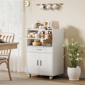 Carrinho de cozinha com rodas 59 x 40 x 92 cm, carrinho para micro-ondas com rodas, armário, gaveta e prateleiras, branco
