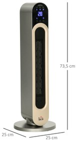 Aquecedor Cerâmico de Torre 1100/2200W com Controlo Remoto Ecrã LED Temporizador de 12h Termostato 3 Modos e Oscilação para 20-25m² Ø25x73,5cm Prata