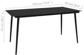 Mesa de jantar para jardim 190x90x74 cm aço e vidro preto