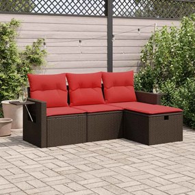4 pcs conjunto sofás de jardim c/ almofadões vime PE castanho