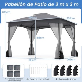 Pérgula para jardim 365x300 cm com paredes de malha com pesos areia Estrutura metálica resistente Portas com fecho Cinzenta
