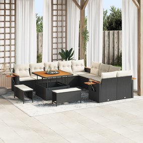 Conjunto de Sofás de Jardim vidaXL de 13 Peças com Almofadas Preto Rattan Sintético Acácia