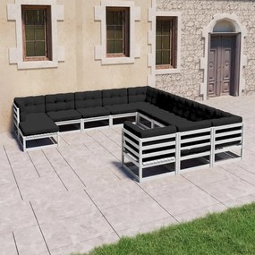 vidaXL 12 pcs conj. lounge de jardim c/ almofadões pinho maciço branco