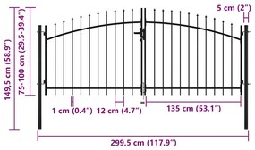 Portão de cerca com porta dupla e topo em lanças 300x150 cm