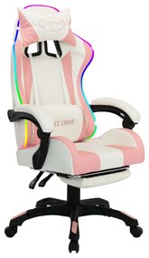 Cadeira estilo corrida c/ luzes LED RGB couro arti. rosa/branco