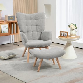 Poltrona com apoio para os pés, encosto alto, pés de madeira e tecido com efeito de veludo cotelê, para sala de estar ou quarto, cinzenta