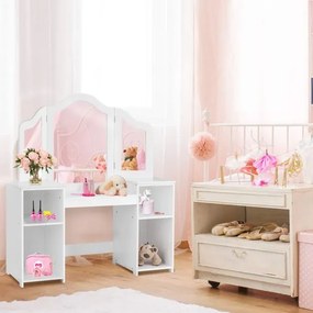 Toucador de brincar 2 em 1 desmontável com mesa de maquilhagem e secretária 4 prateleiras grandes e espelho de 3 painéis para meninas Branco