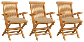 vidaXL Cadeiras de jardim c/ almofadões beges 3 pcs teca maciça
