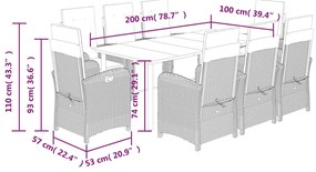 9 pcs conjunto de jantar p/ jardim com almofadões vime PE bege
