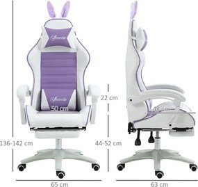 Cadeira Gaming Giratória de Couro PU com Altura Ajustável Inclinável 135° Apoio para a Cabeça 65x63x136-142 cm Branco e Roxo