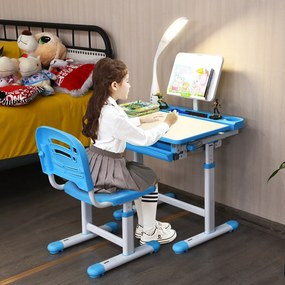 Secretária para crianças com mesa de desenho da cadeira de lâmpada Mesa de leitura infantil Ângulo da mesa de leitura infantil e Altura ajustável Azul