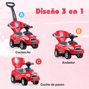 Andarilho 3 em 1 Carro de Empurrar para Crianças de 2 a 6 Anos com Barras de Proteção Removíveis, Alça, Espaço de Armazenamento Oculto e Design Vermel
