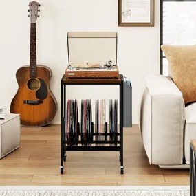Suporte para gira-discos com armazenamento 49,5 x 30 x 64 cm para discos de vinil e revistas com rodas Castanho