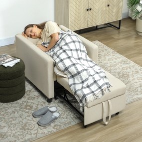 Sofá Cama Individual Poltrona com 4 Rodas Encosto Reclinável Almofada Extra e Assento Acolchoado 69x82,5x84 cm Bege