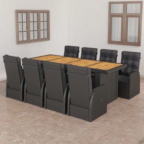 9 pcs conjunto jantar exterior com almofadões vime PE preto