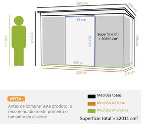 Abrigo de Jardim 280x130x172cm Abrigo de Exterior de Aço Galvanizado com Porta Corredeira e Ventilações para Armazenamento de Ferramentas Cinza Escuro