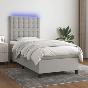 Cama box spring c/ colchão e LED 90x200 cm tecido cinza-claro